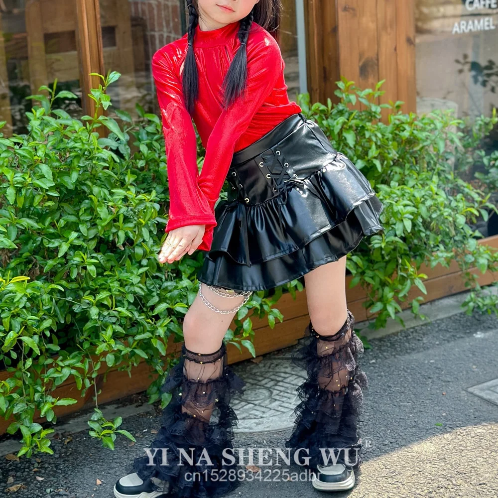 الفتيات K-pop لامعة الأحمر المحاصيل الأعلى التنانير السوداء الملابس مجموعات بارد الهيب هوب زي مجموعة الشارع الرقص الزي أزياء المرحلة ارتداء العرض