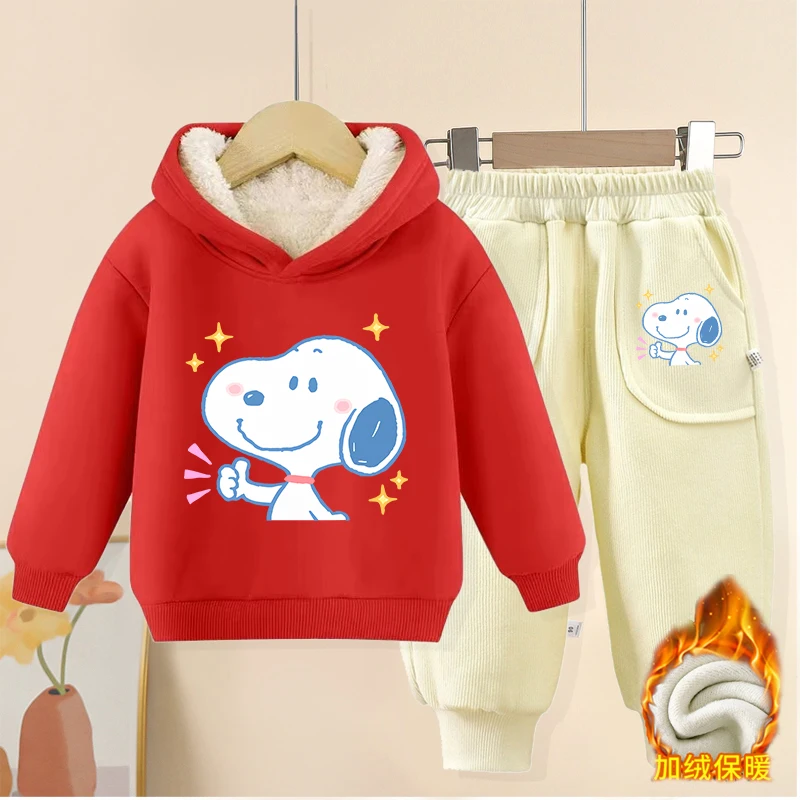 

Fleece Hoodies Pants Set for Boy Girl Anime Snoopy Sweatshirts Jogger Sweatpants Thickened 2 Pcs Outfit Kids Casual Sportwear