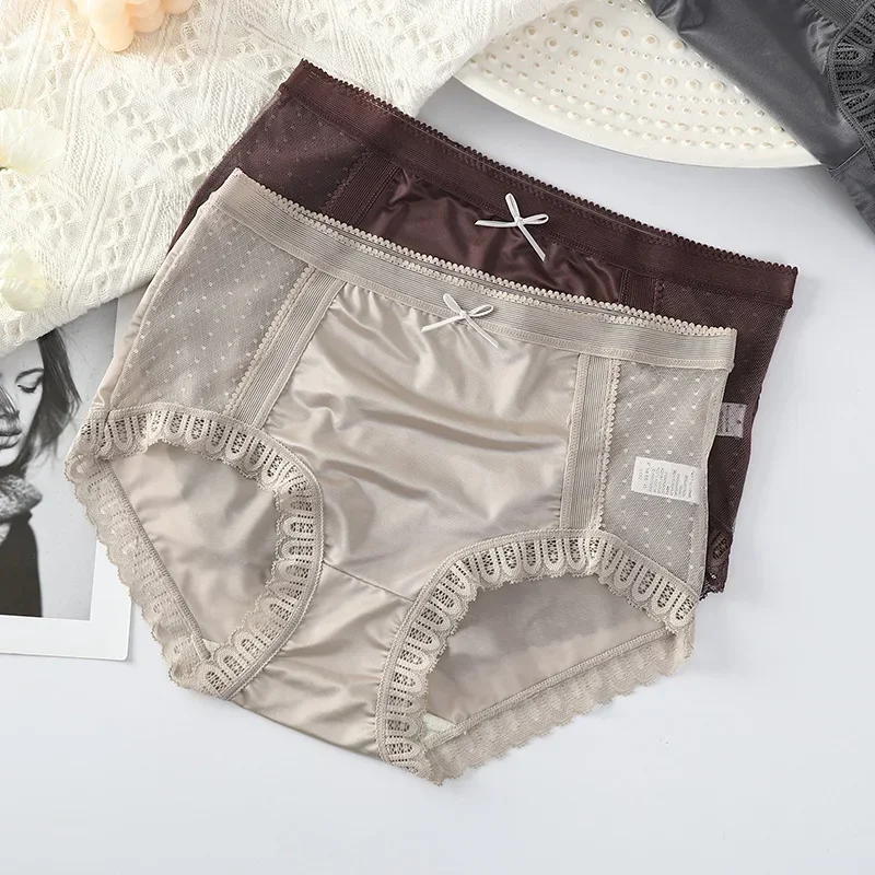 

New Satin Women's Underwear Sexy Lace Panties Seamless Low Waist Girls Soft Ice Silk Briefs Solid Color Ladies Lingerie
