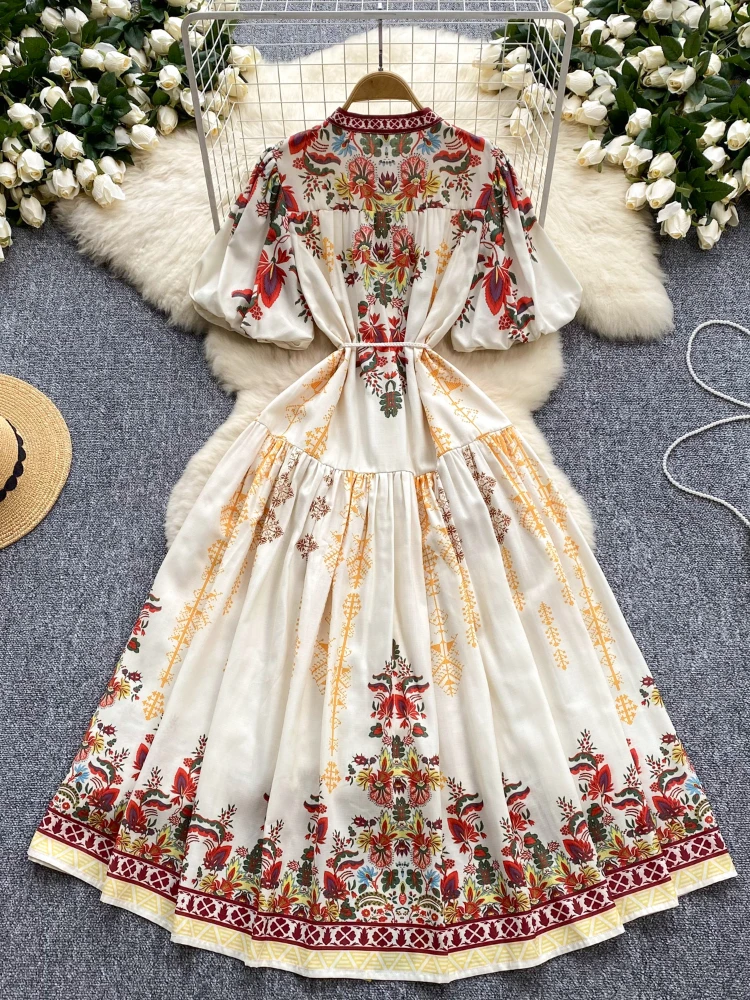 Vintage Slim Waist Temperament Dress 2024 Vestidos De Mujer Summer Floral Dresses for Women O-neck Lantern Sleeve Robe Femme Wj