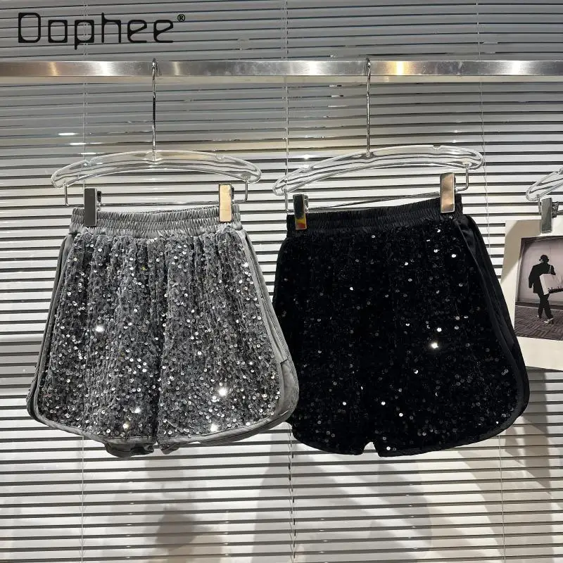 Shorts Women 2024 Summer New Full-Body Sequins Shiny Elastic Waist Drawstring Three-Point Casual Shorts Sexy Girl Black Shorts