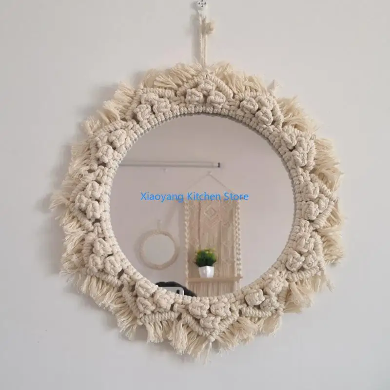 69HC Knit Macrame Novelty Cast Mirror Colorful Wall Decor Rustic Country Macrames Vintage Adornments for Walls