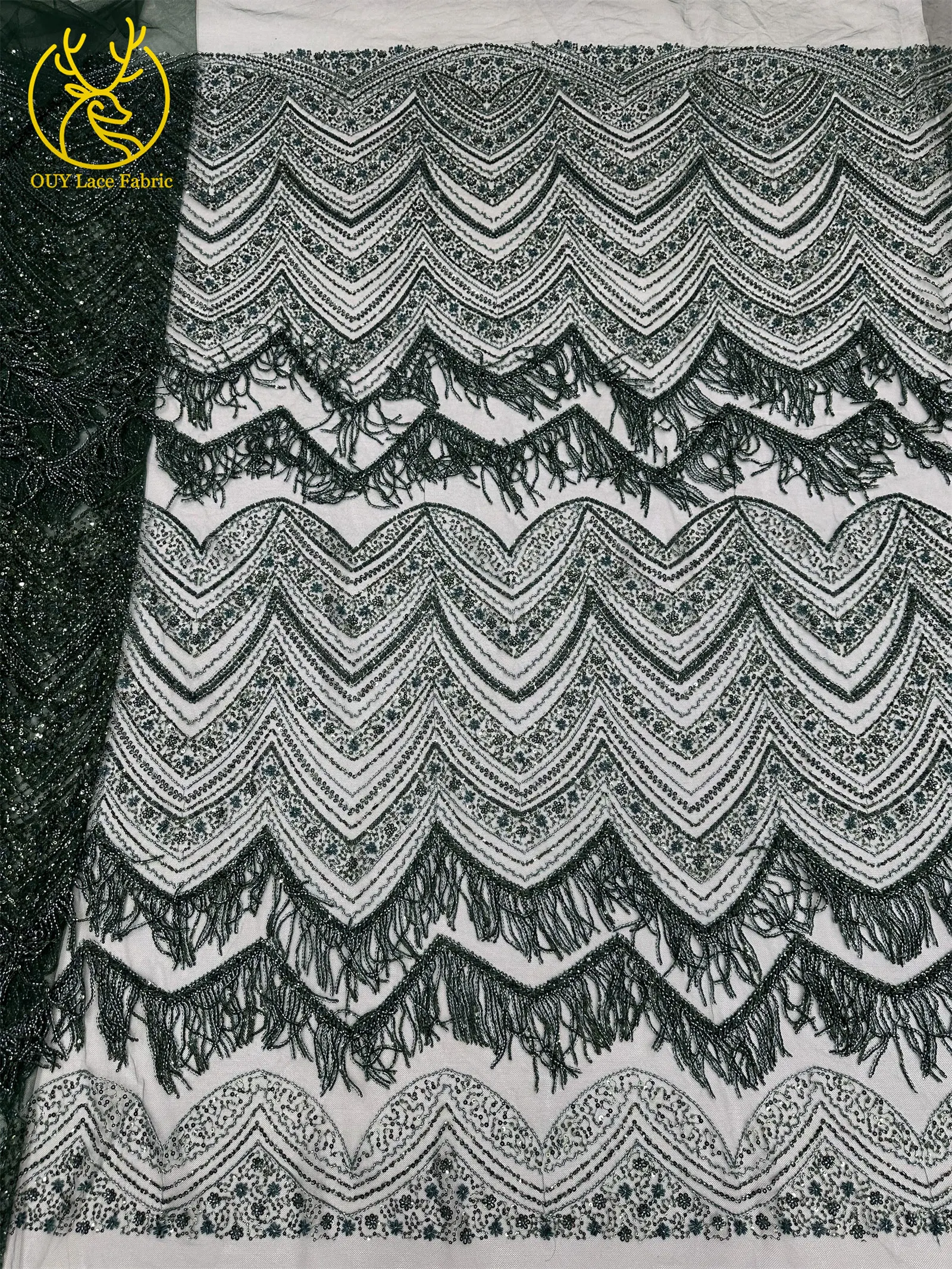 Hochwertiger 3D-Quasten-Perlen-Spitzenstoff, goldfarbener afrikanischer Perlen-Pailletten-Spitzenstoff, französische Tüllspitze für Hochzeitskleider, 5 Yards – Detail 28