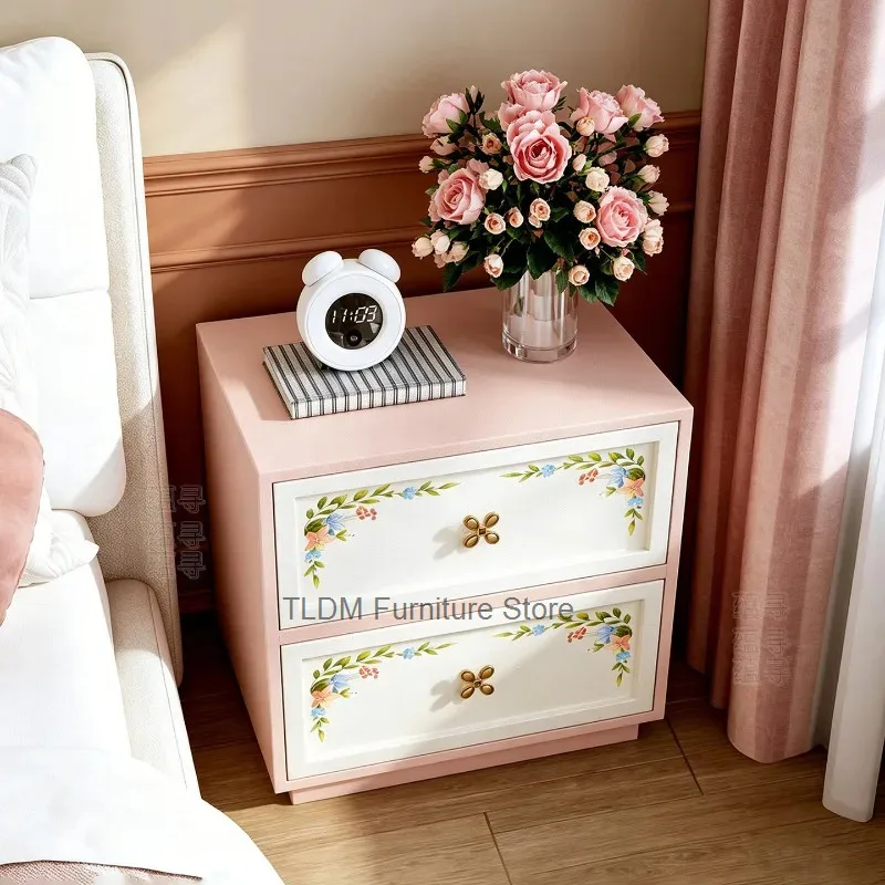 Cute Bedside Table Two Drawers Hand Floral Print Decor Four Leaf Clover Low Floating Plinth Base Bedroom Storage Nightstand