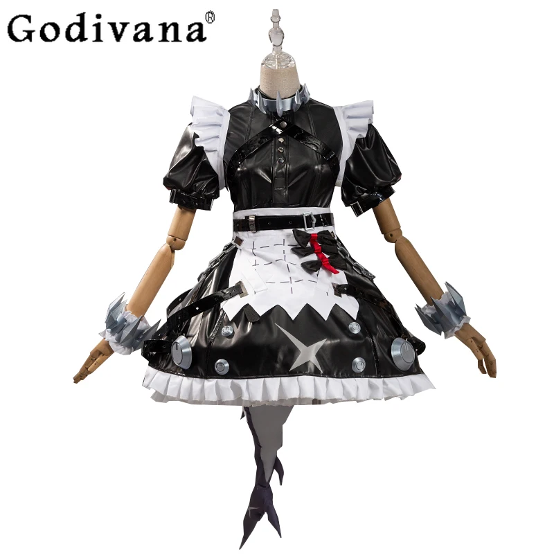Copricapo da donna Abiti Manica corta Nero Bianco Abiti di Halloween Cameriera femminile Cosplay Anime Dress Set con coda