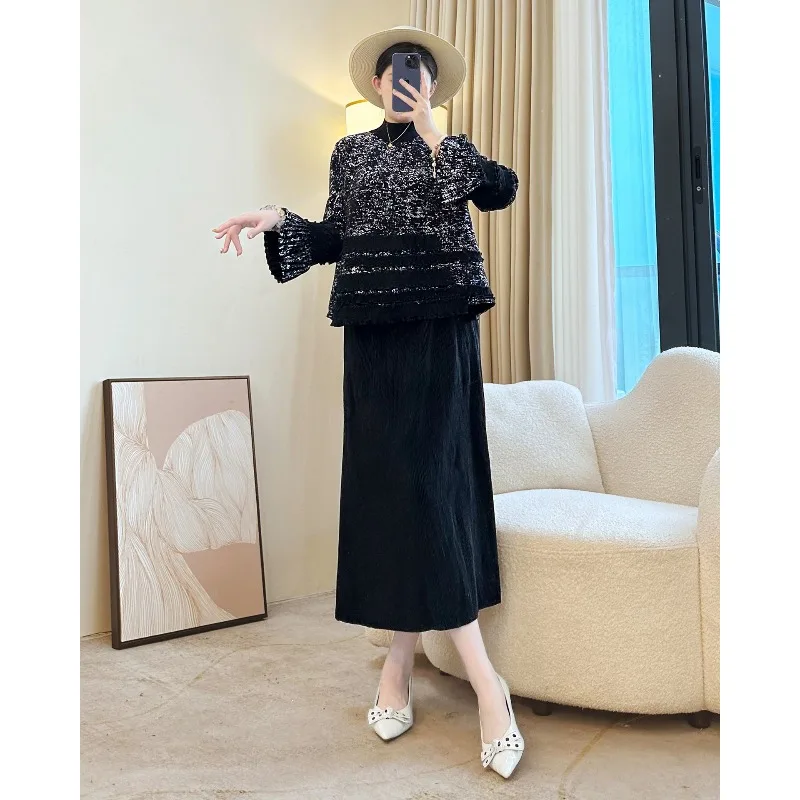 미야케 플리츠 프린트 스커트 세트 2025 이브닝 드레스 우아한 분위기 가을 신상 슬림 탑 + 솔리드 컬러 하프 스커트 세트