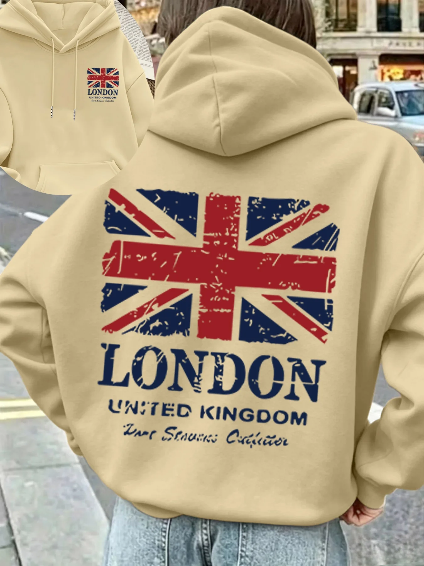 Unisex London UK Flaggen-Sport-Hoodie Union Jack Vintage-Druck Hellgrauer Oversized Pullover Streetwear Sweatshirt Frühling Herbst – Detail 7