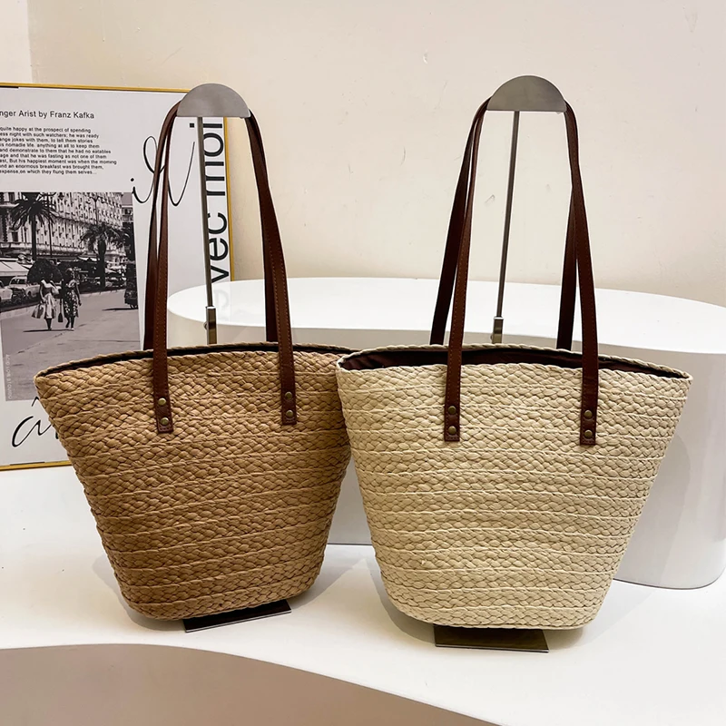 

Khaki Straw Bag Women Designer Straw Handbag Vintage Rattan Bag Large Capacity Beach Shoulder Bag Female Summer Shopping Bag