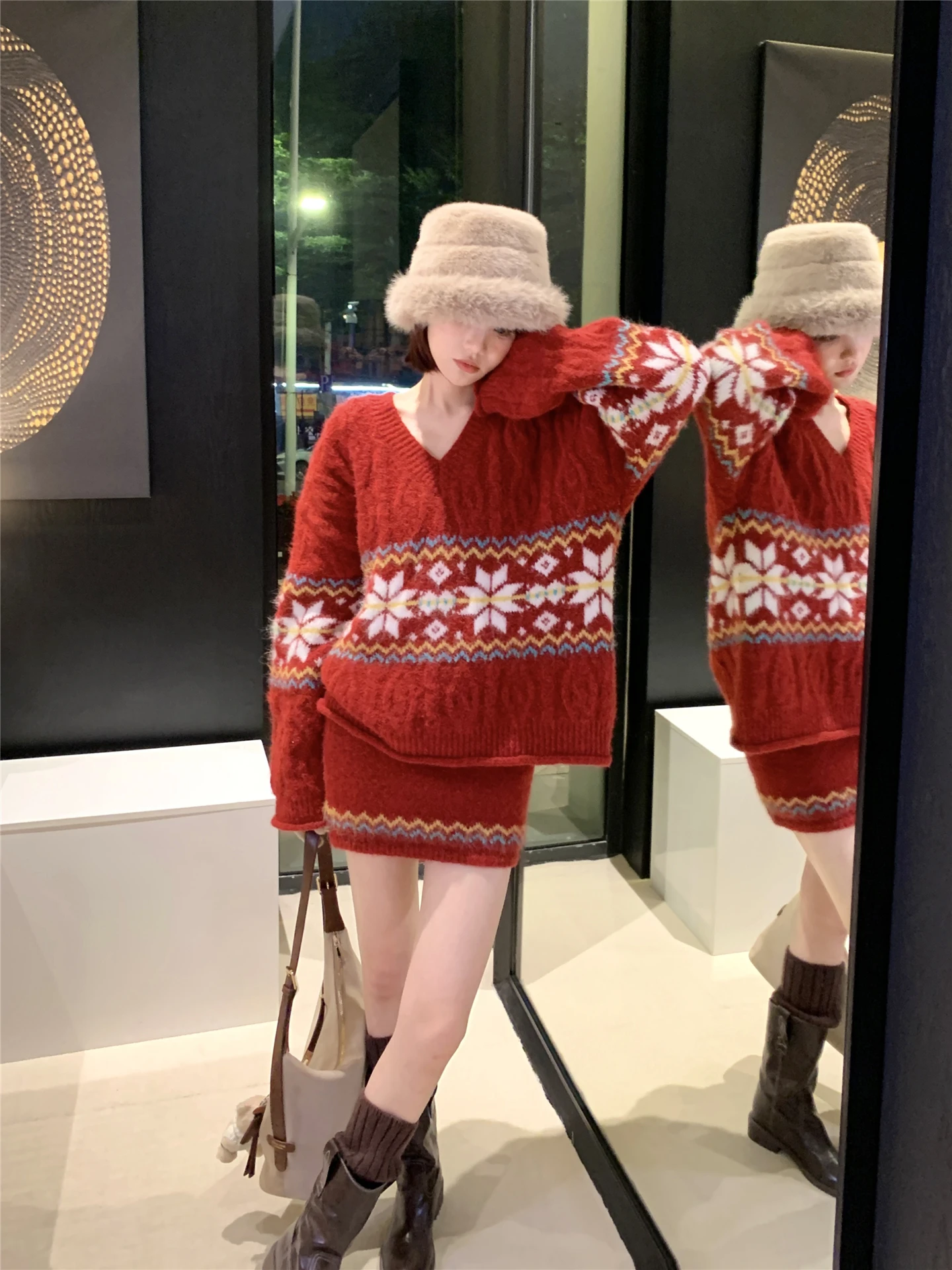 

Женский повседневный шерстяной костюм-двойка: красный, весенний, универсальный, комфортный, средней длины, с V-образным вырезом, длинный рукав