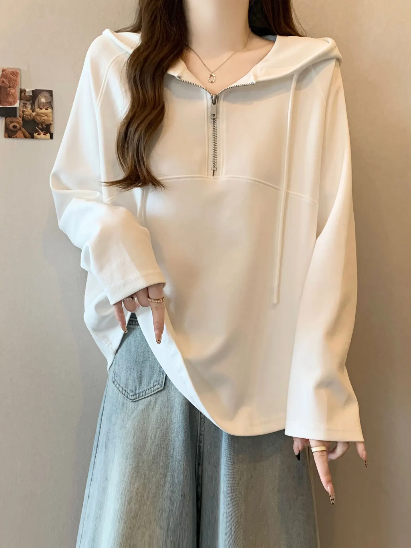 Loose Fit Half Zip Hoodie Women's Autumn New Korean Style Thin Model Junior High School Students Small Size Top Coat