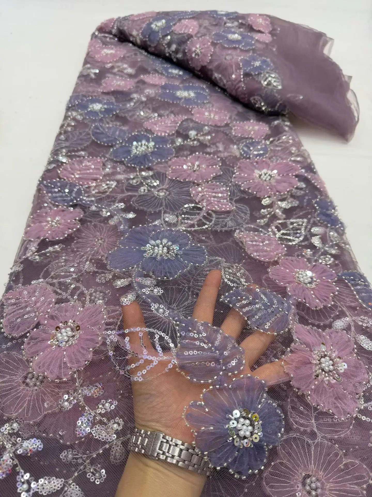 

2026 High Quality African Nigerian Tulle Lace Fabric Sequins Embroidery French Guipure Wedding Party Dress Beads 5 Yards