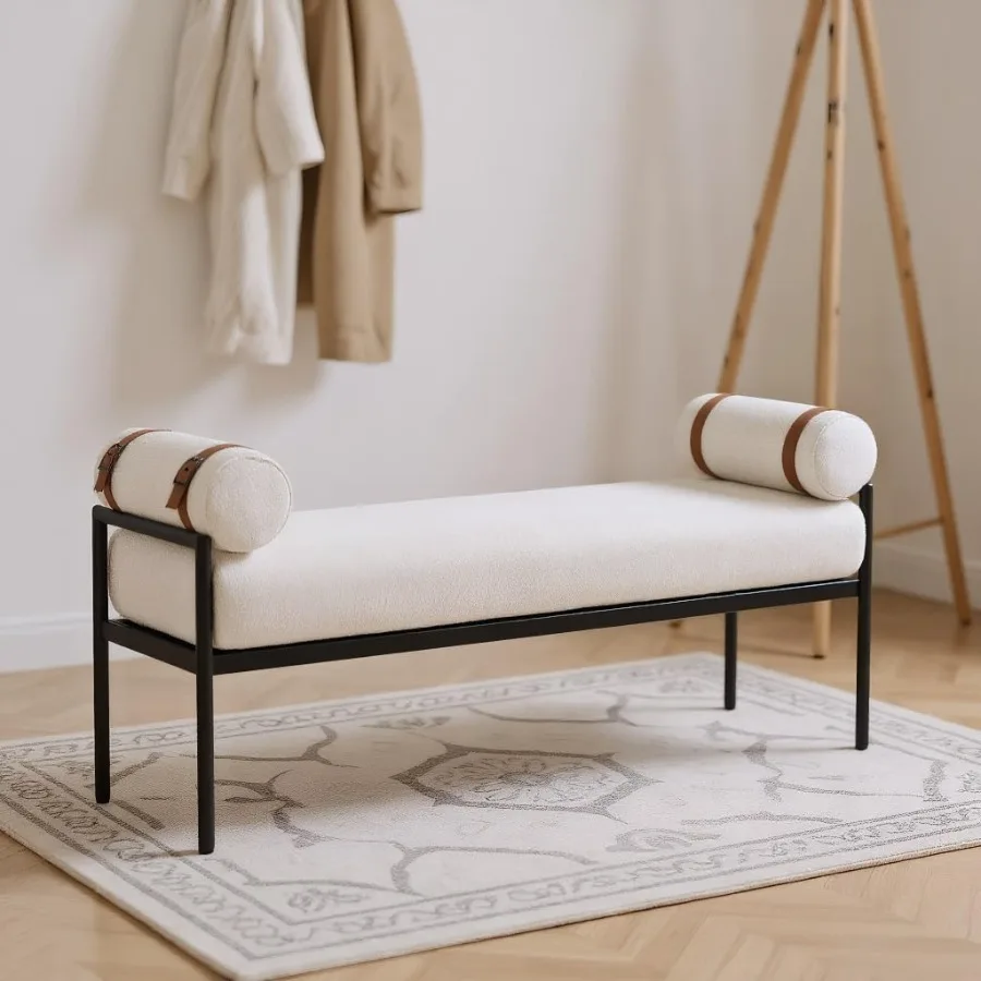 

Modern 55 End of Bed Bench Long King Upholstered Sherpa Ottoman Bench with Arms Detachable Strappy Pillows for Bedroom Entryway