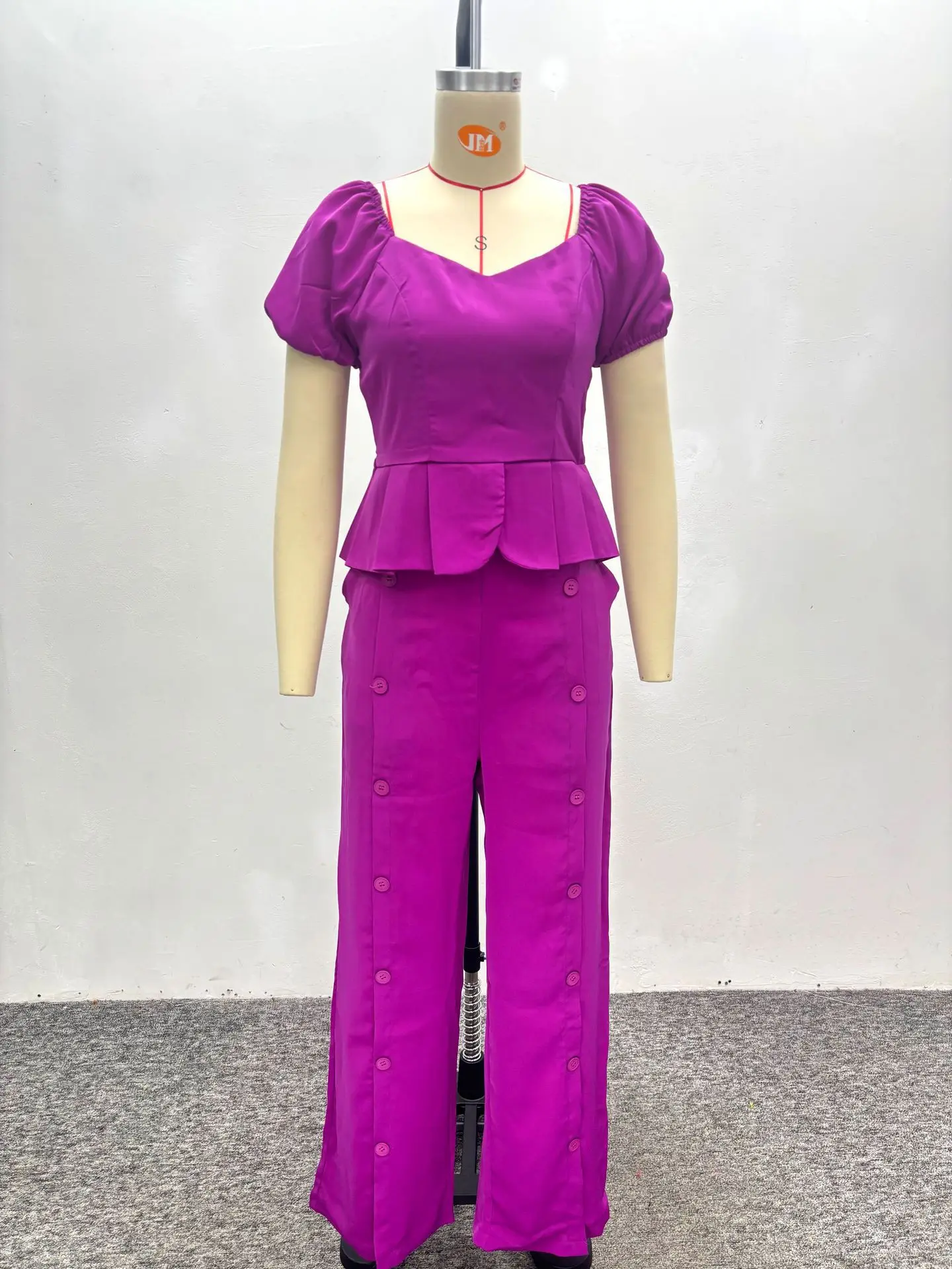 Novedad de verano, moda para mujer, Color sólido púrpura, conjuntos informales de 2 piezas a la moda, camisetas de manga corta con cuello en V, pantalones de pierna ancha para mujer