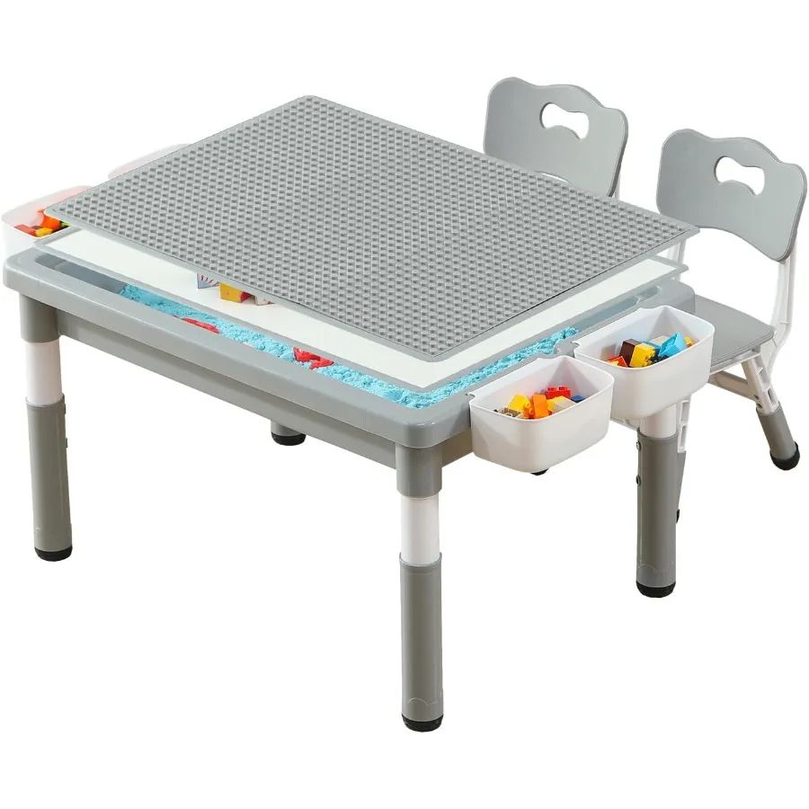 Multi Functional Table and 2 Chairs Set with Graffiti Building Blocks Double-Sided Tabletop Toddler Play Table Featuring Drawer