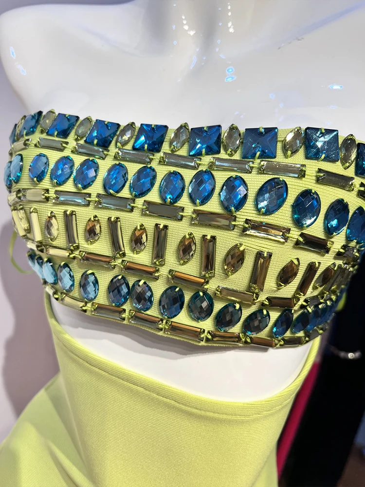 Women 2025 Sexy Green Strapless Cut-Out Bodycon Bandage Mini Dress with Embellished Bodice Luxury Birthday Party Gown