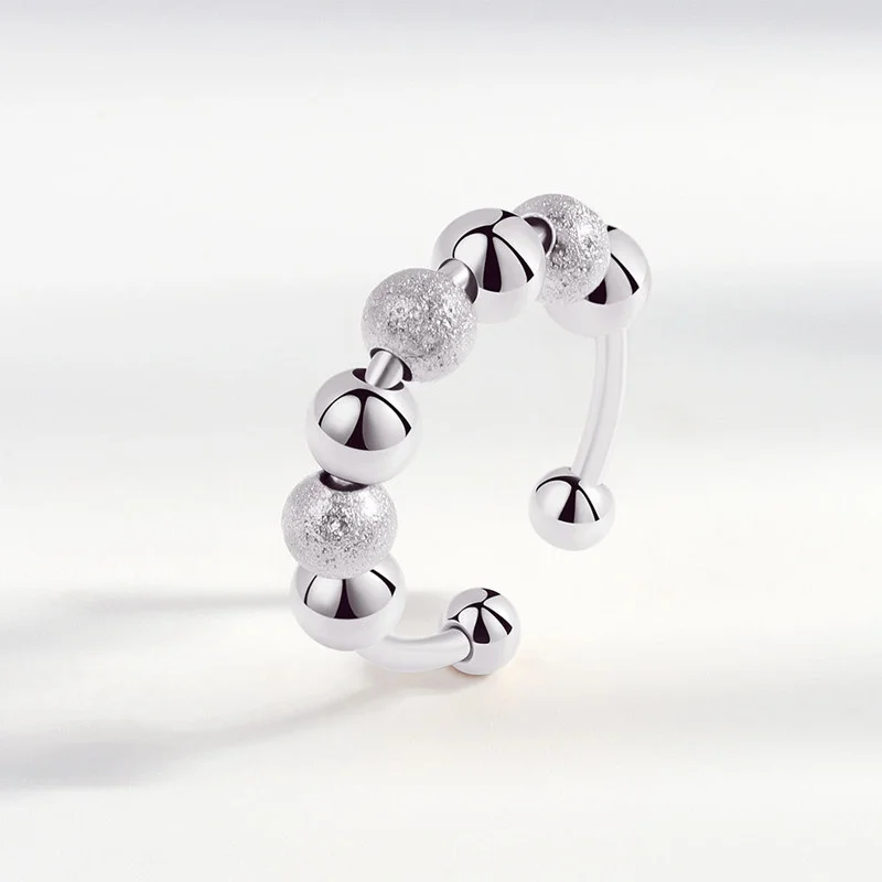 

925 Sterling Silver Smooth Frosted Round Bead Ring For Woman Open Adjustable Simple Fashion Party Jewelry Gifts