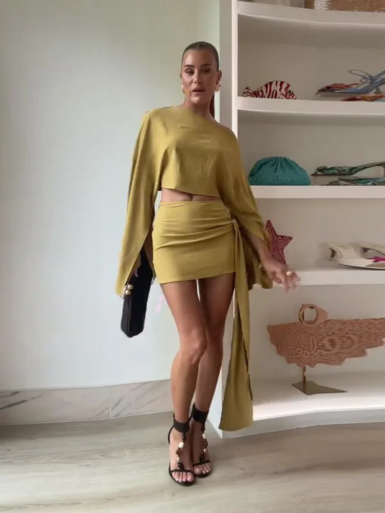 

Trendy Shawl Top Mini Skirt Set Women Long Sleeved Sloping Shoulder Crop Top Slim Hip Package Skirts Summer Sexy Lady Outfit