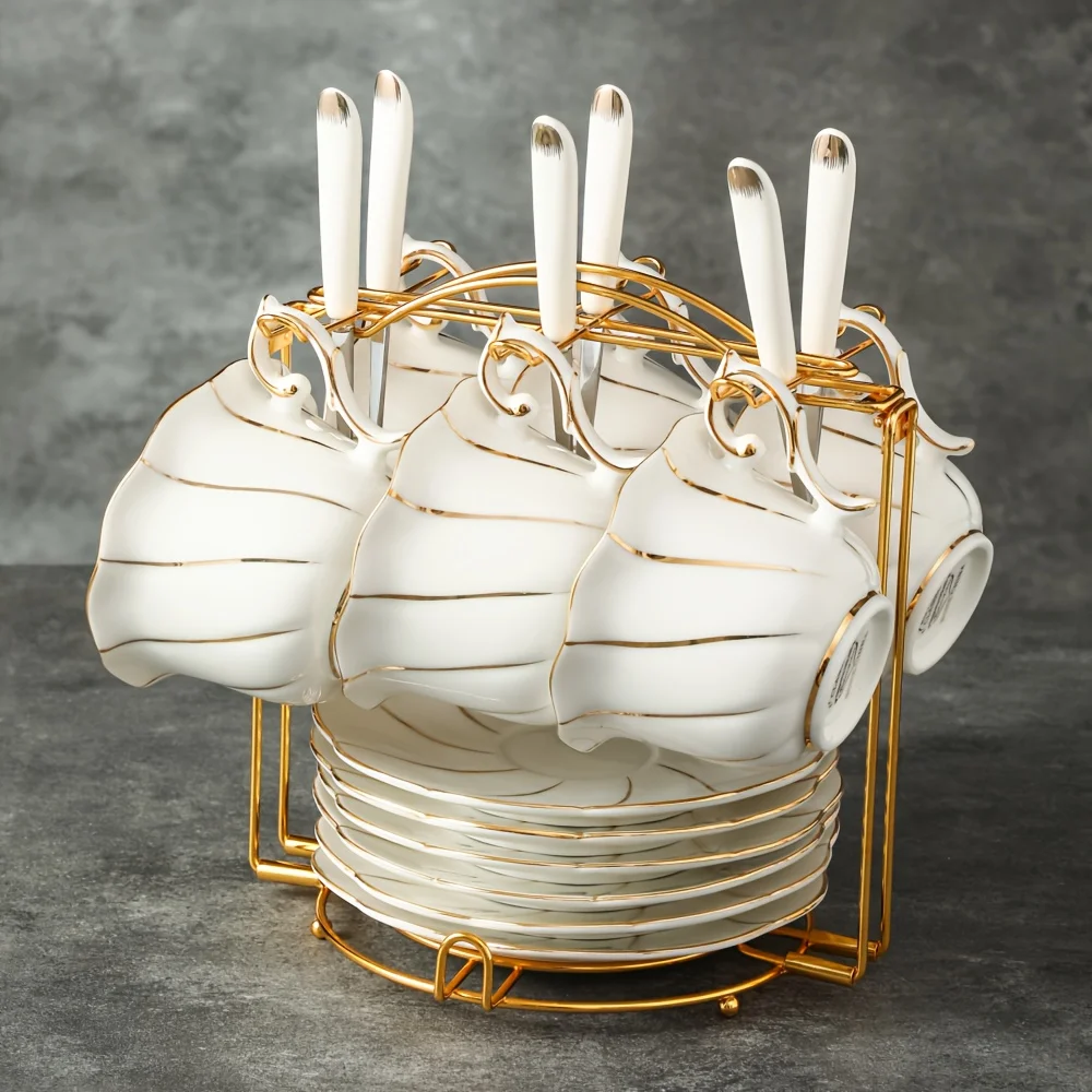 19pcs European Style Ceramic Coffee Cup Saucer Spoon, Set Includes: 6 Cups 6 Saucers 6 Spoons 1 Cup Holder, Cup for Tea Coffee
