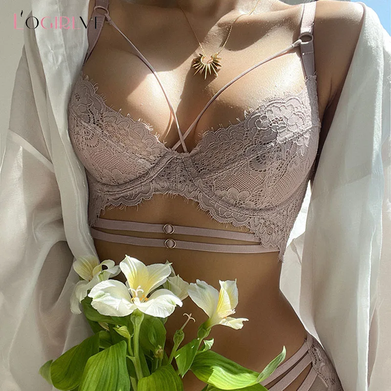 Set Bra Balutan Klasik Top Logirlve Lingerie Set Pakaian Dalam Renda Beha Push Up Celana Dalam Transparan Seksi untuk Pakaian Dalam Wanita