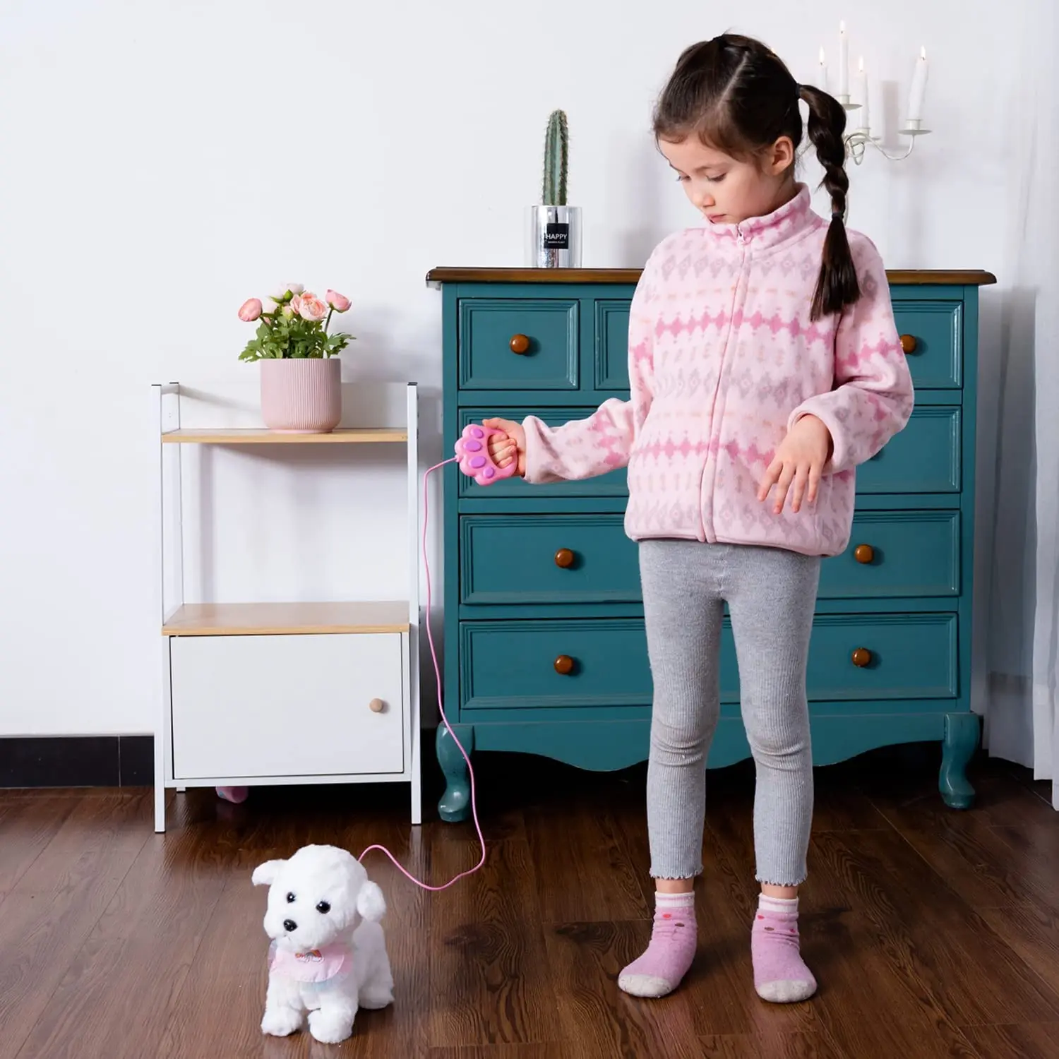 Juguete interactivo electrónico para cachorros de peluche para niños, vestido de peluche para caminar, ladrar, perro con correa