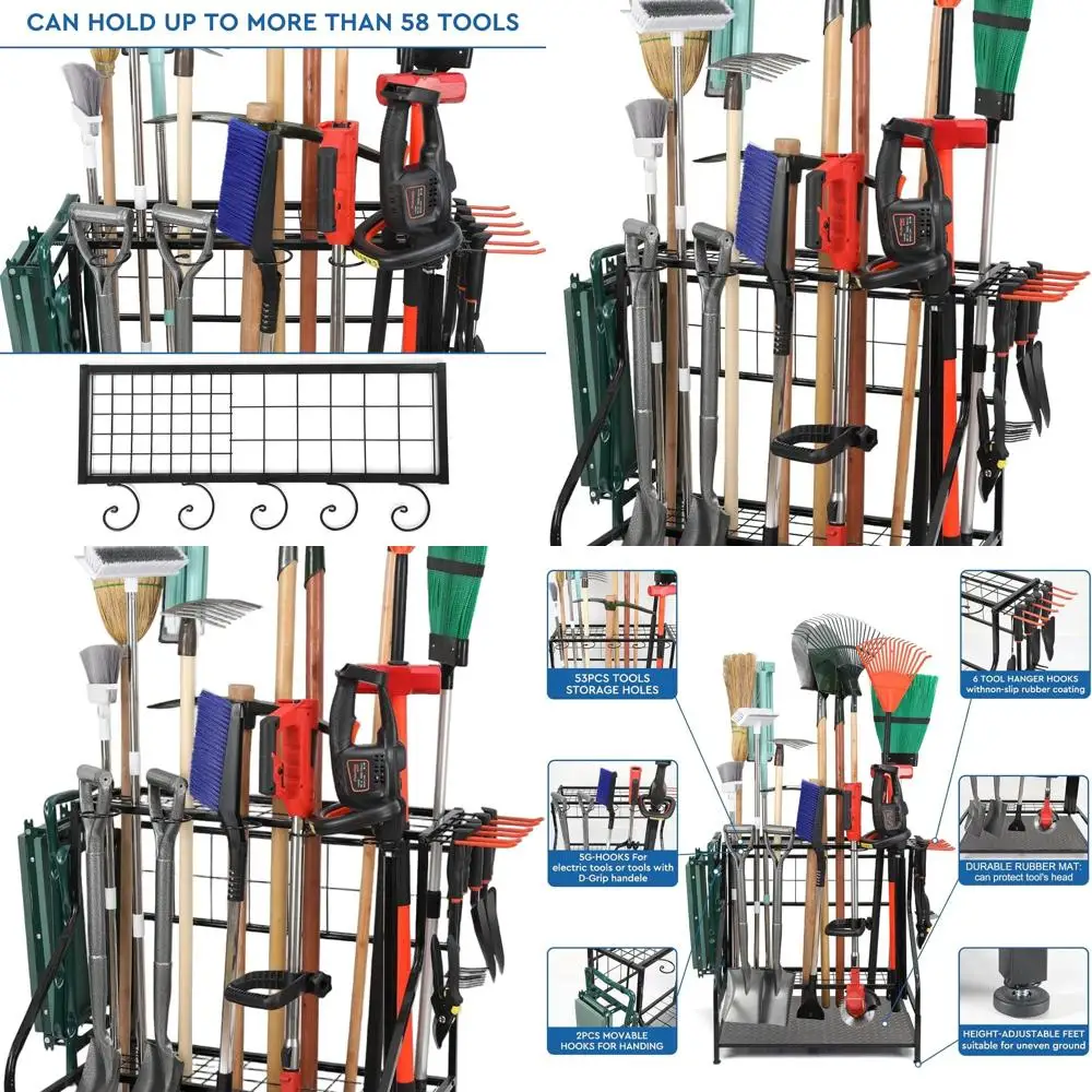 Heavy-Duty Black Steel Garden Tool Organizer, Shed and Garage Storage Rack for Up to 58 Long-Handled Tools, Outdoor Home Use