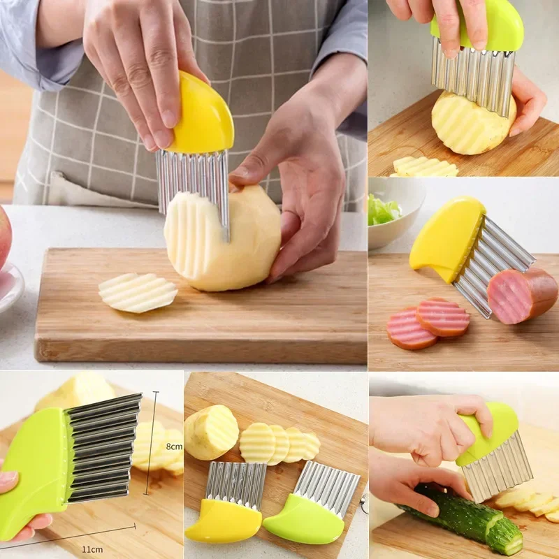 Stainless Steel Potato Chip Slicer Wavy Cutter Vegetable Fruit Crinkle Dough Chopper French Fry Maker Tool Manual Kitchen Knife