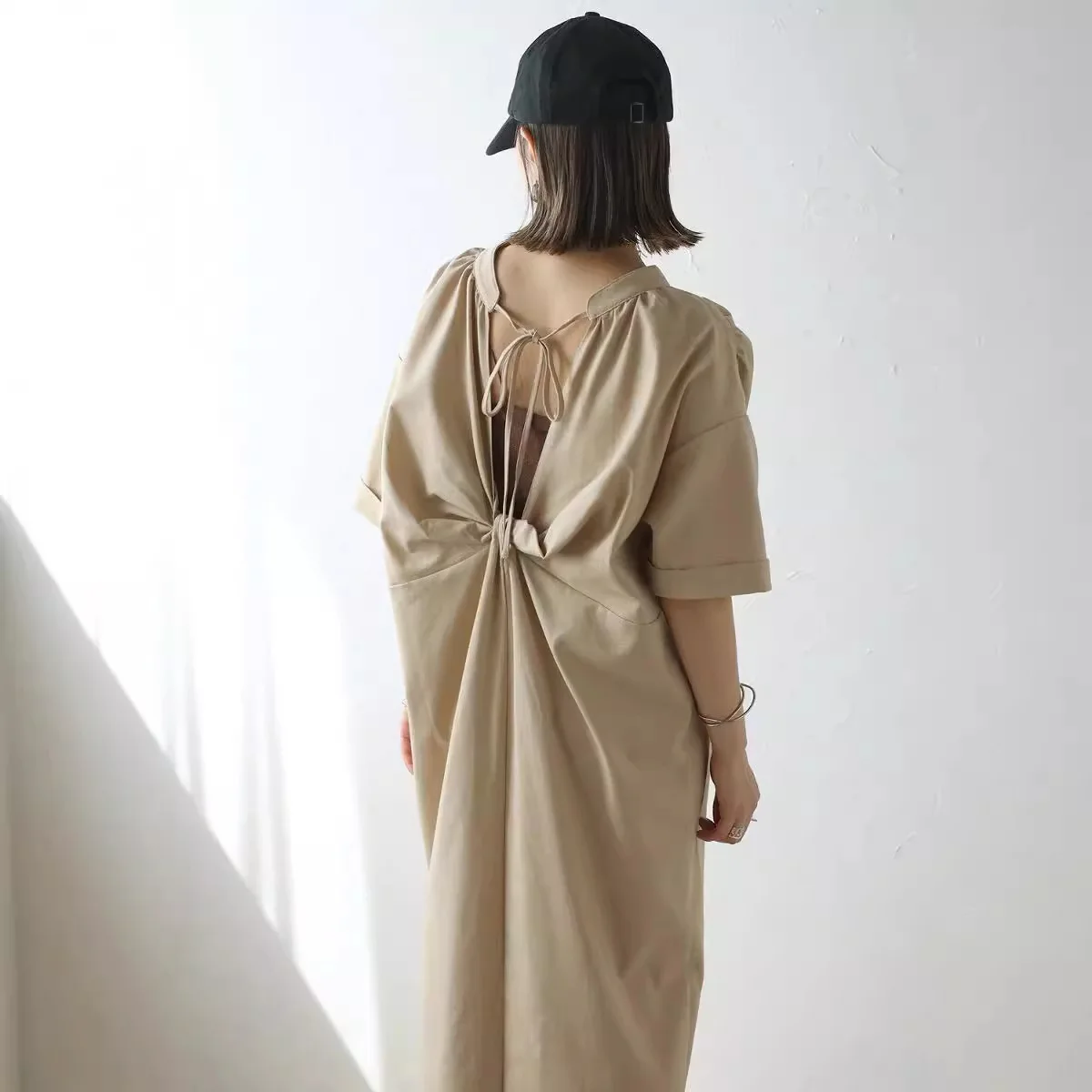 Rakuten japonés y coreano nuevo vestido de verano para mujer Casual cómodo Bowknot espalda descubierta manga corta vestido camisero largo fiesta