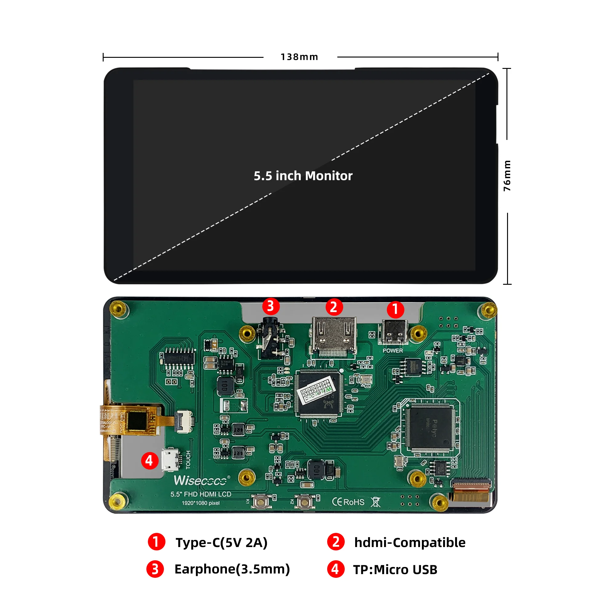 Imagem -04 - Wisecoco 5.5 Polegada 1920x1080 Ips Display Painel de Toque Capacitivo Aida64 Módulo Lcd Tft para Raspberry pi 3b Mais 4b Linux Android