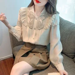 Elegant Peter Pan Collar Embroidery Folds Ruffles Shirts Women's Clothing 2023 Autumn Winter New Korean Tops Office Lady Blouses