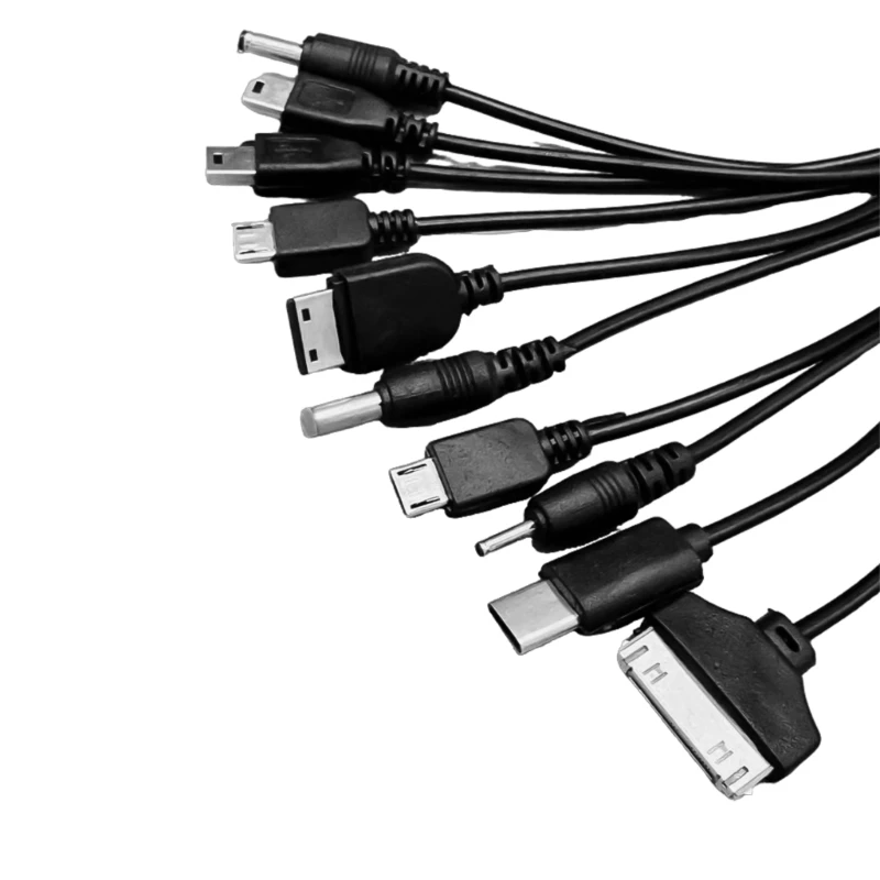 Cable carga USB 10 en 1, conectores para múltiples dispositivos, cable resorte, 25cm, negro