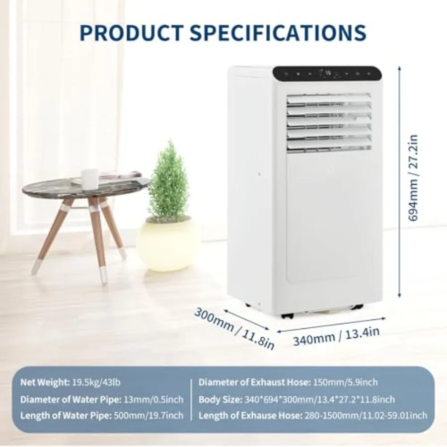 Portable air conditioner for bedroom and office use, ABS plastic housing, white, 10000 BTU cooling capacity with 4-in-1 functio