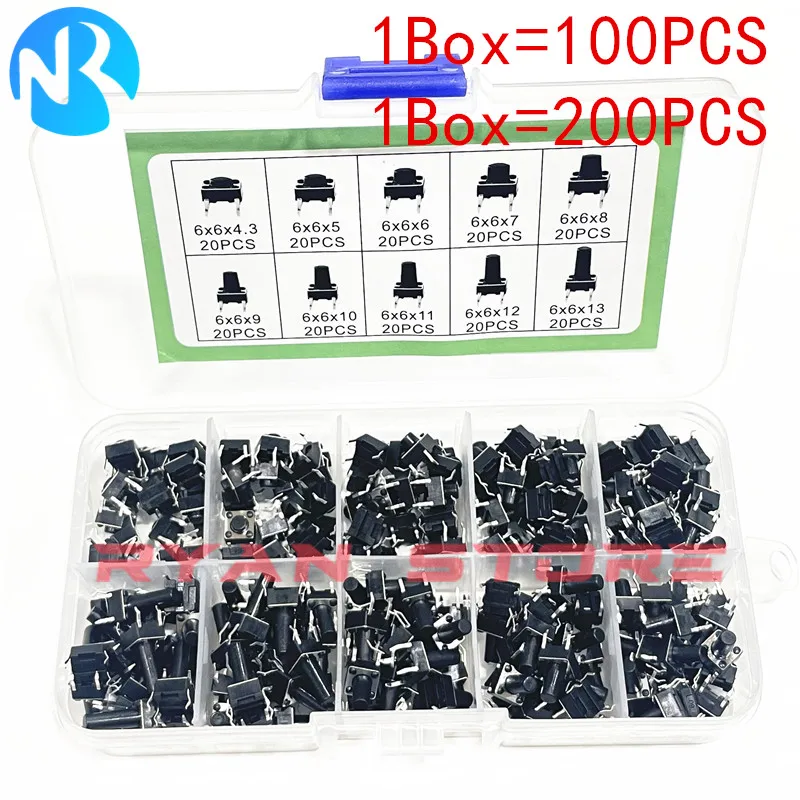10 Value 100PCS/200Pcs/Set 6X6 Tact Switch Tactile Push Button Switch Kit  6*6*4.3MM~13MM Height DIP 4P Micro Switch Key