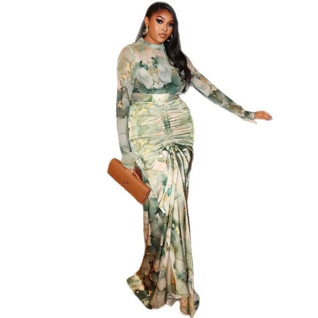 

Женское тонкое платье с принтом в европейском и американском стиле, двухсекционное повседневное модное плиссированное длинное платье с высоким воротником