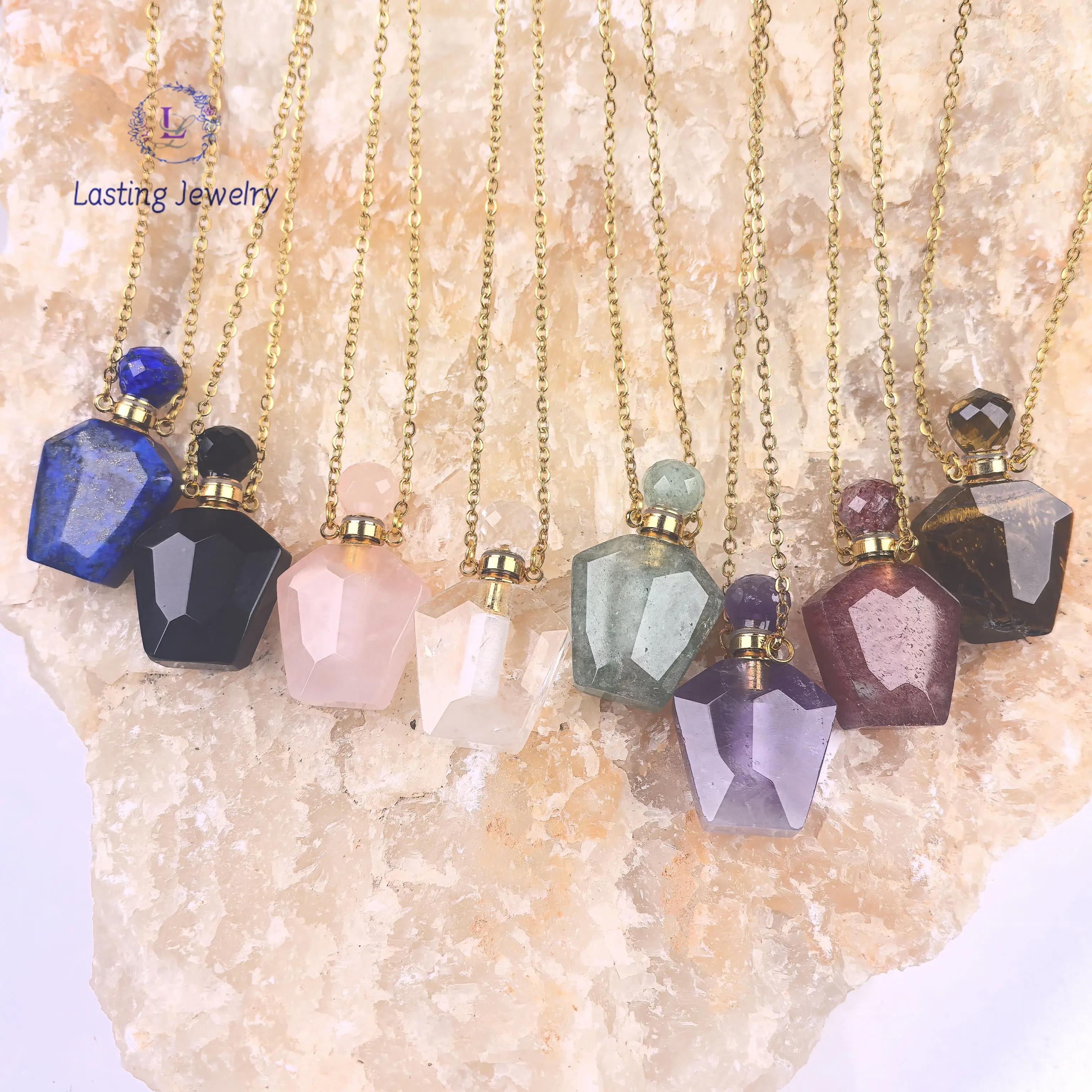 

Faceted Crystal Quartz Perfume Bottle Pendant Necklace,Obsidian Lapis Amethyst Essential Oil Diffuser Vial Charms Jewelry Gift