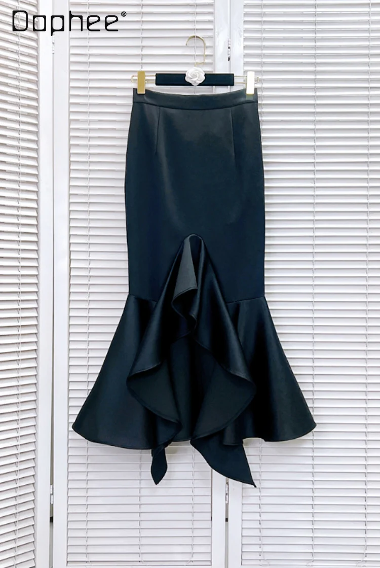 Ruffle Fishtail Skirt Satin Irregular Elegant Women Summer Spring High Waist Wrap Mermaid Trumpet Long Skirt Prom Party