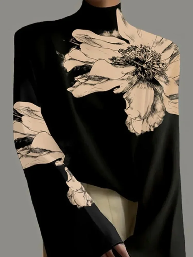 2024 New Women Flower Print High Neck Tops Spring Autumn Long Flared Sleeve Loose Casual Fashion T-Shirts Female Clothes