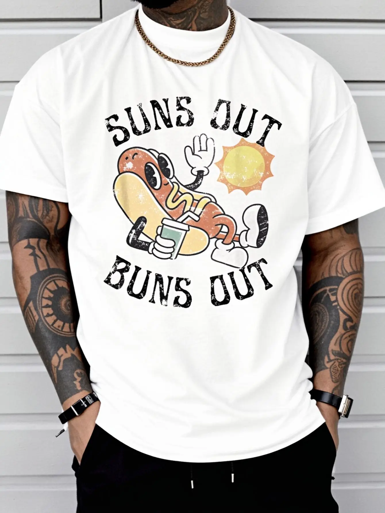 Retro Suns Out Buns Out Cute Hot Dog BBQ Fourth Of July T-Shirt Print T-Shirt Casual Crew Neck Short Sleeve Comfort Tee Top For Spring & Summer Men's Clothing Vintage Shirts Graphic Tees Men Camisas Para Hombre Funny Shirts Printed & Shipped In USA