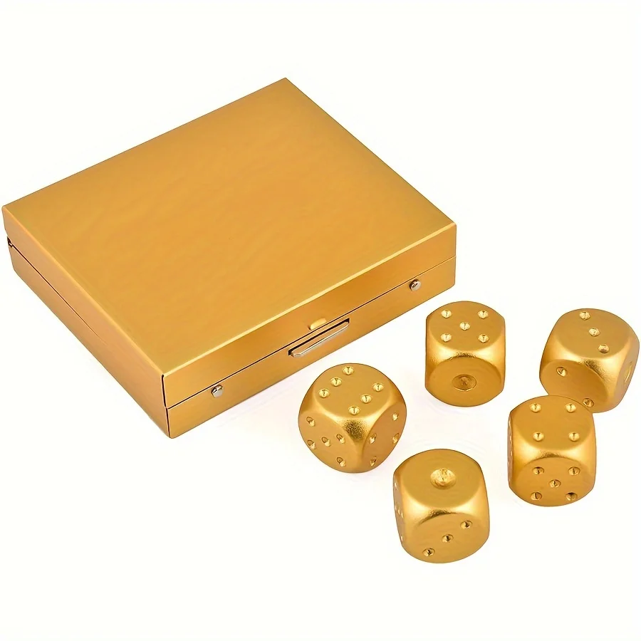 

5pcs/Set Golden Square Aluminum Alloy Dice Set Premium Portable Metal Dice with Storage Box for Party Games, Accurate