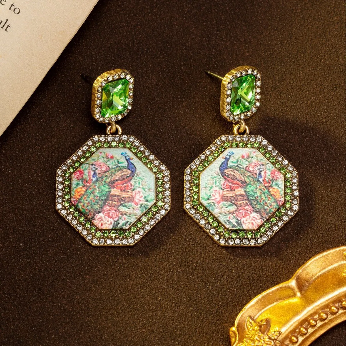 Medieval Vintage Octagonal Inlaid Peacock Bird Mural Earrings Heavy Industry Temperament Light Luxury Style Medieval Earrings