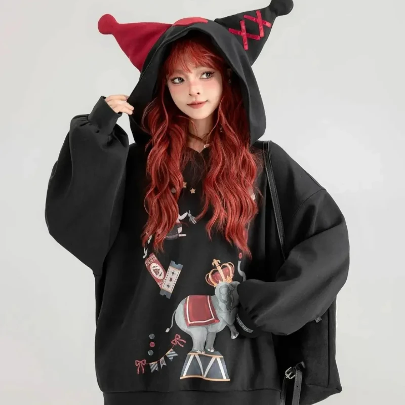 Black Women Cartoon Printed Hooded,creative Circus Printed Sweatshirt Casual Loose Hooded Long Sleeve Jacket 2024 New