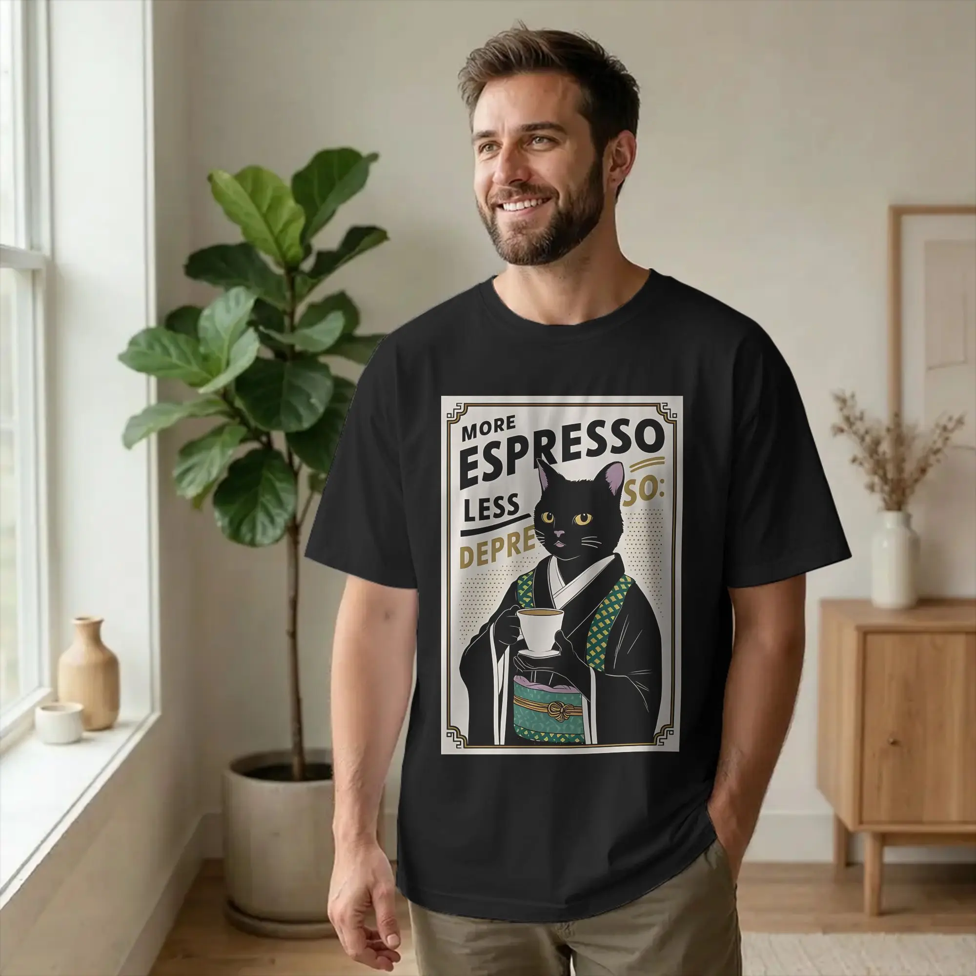 Black Cat Coffee More Espresso Less Depresso Tshirts Men Cotton Tops Shirts Funny  Round Neck Short Sleeve