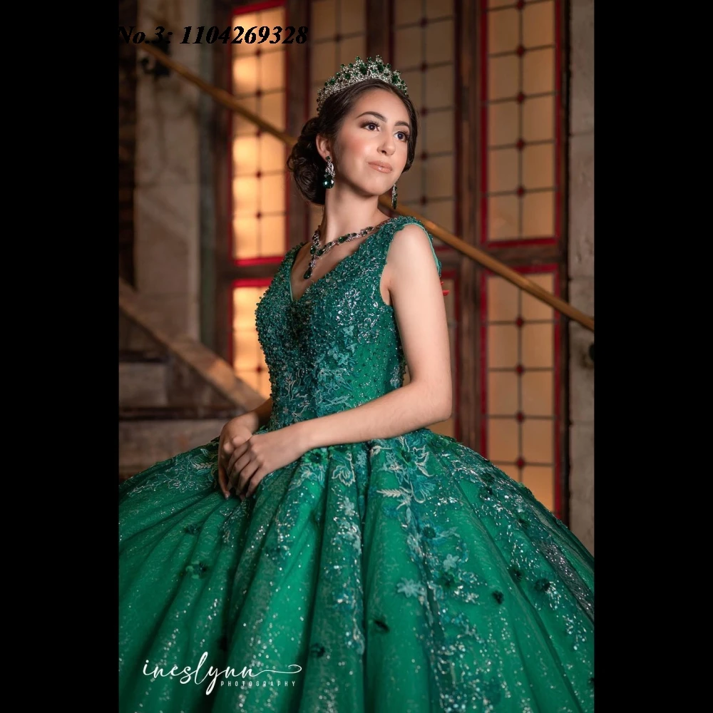 EVLAST Personalizzato Principessa Verde Scuro Abito Quinceanera Abito di Sfera Applique Floreale Che Borda Dolce 16 Vestido De 15 Anos E3Q291