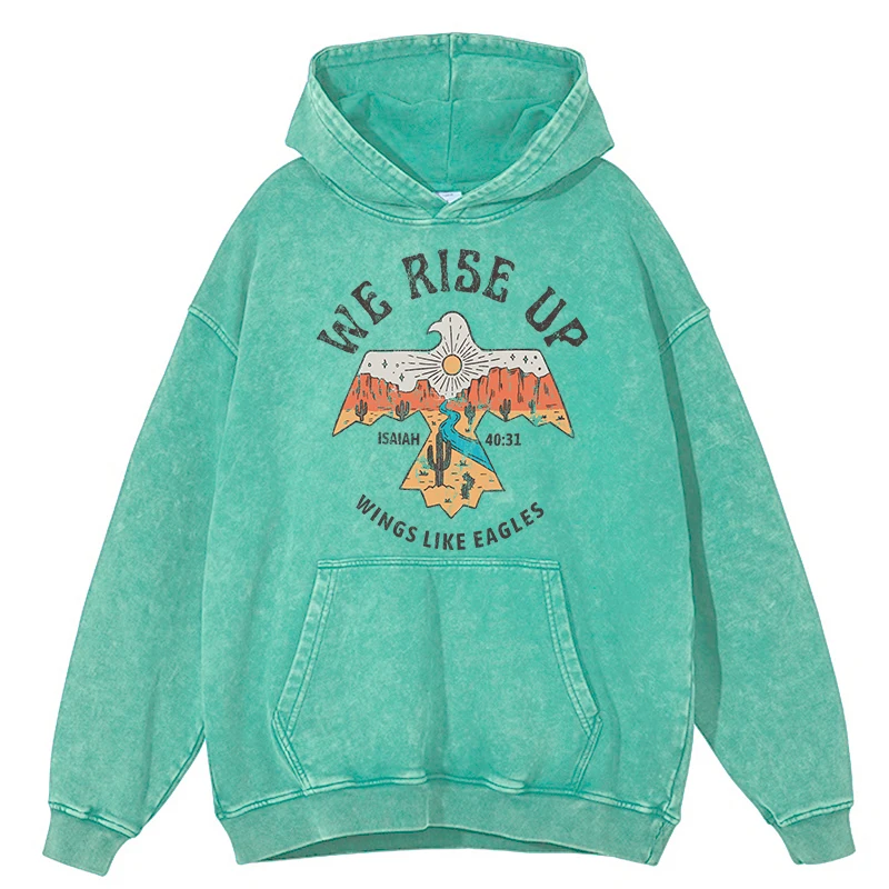 We Rise Up Cartoon Print Distressed Washed Hoodies Male Fashion Comfortable Autumn O-Neck Clothes Casual Loose Warm Male Tops