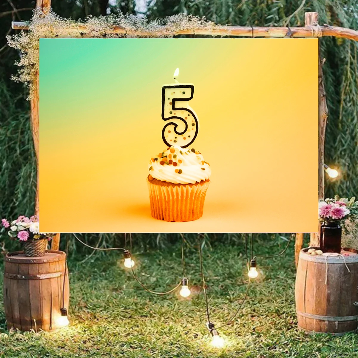 Happy 5th Birthday Party Yellow Background Photography Backdrop Banner Beautiful Cake And Candle Decoration Poster  Photo