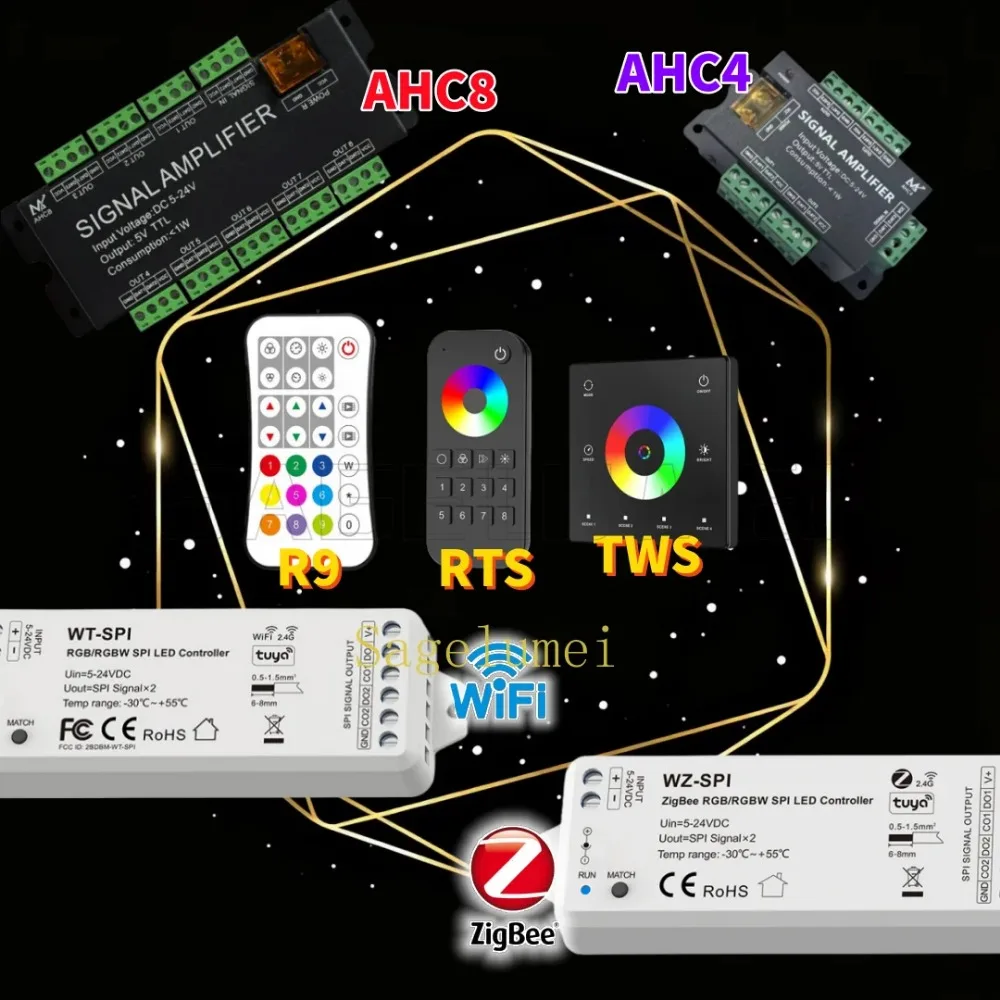 

RGB/RGBW 4CH 8CH DC5V-24V Tuya WiFi Zigbee+RF SPI LED Controller WT-SPI/WZ-SPI WS2811 Ws2812 Ws2815 SK6812 Signal LED Amplifier