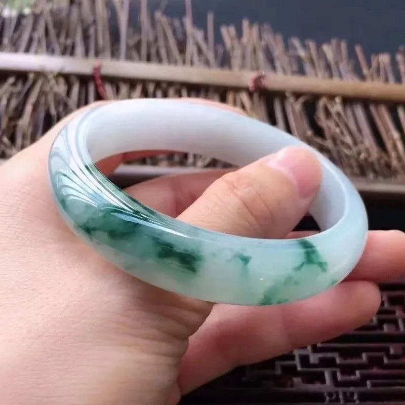 women, round shape floral , ice-clear with white base and green patterns, jade bracelet for