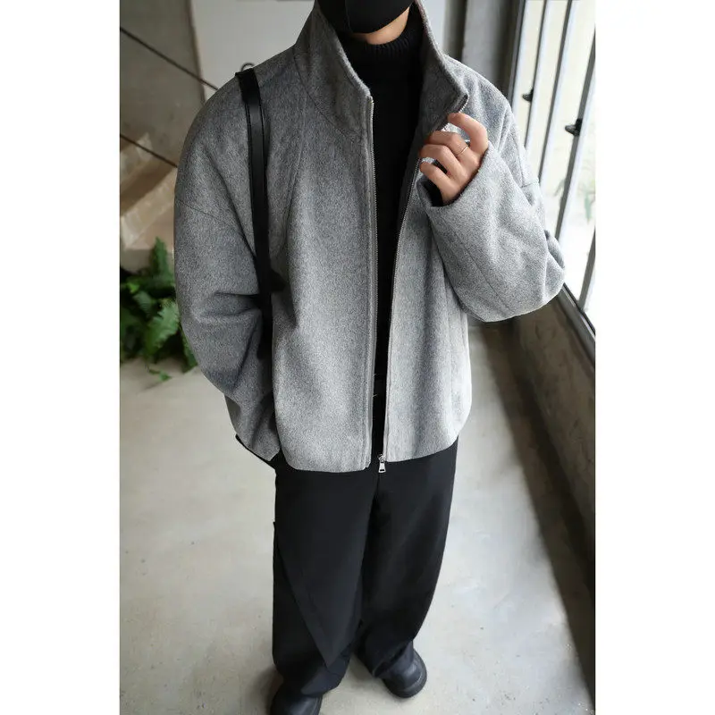 

Мужская шерстяная куртка в стиле ретро, с воротником-стойкой, свободного кроя, модная повседневная верхняя одежда, зимнее пальто из полиэфирного волокна