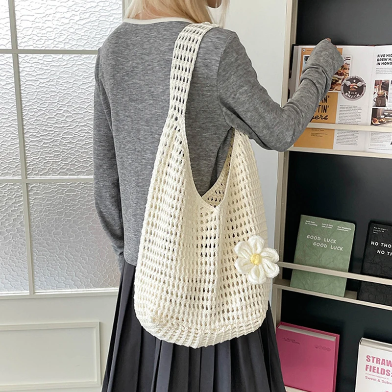 

Летняя вязаная сумка-тоут в стиле кэжуал для женщин, с цветочным ажурным узором, большая, плетеная, пляжная сумка через плечо для отпуска
