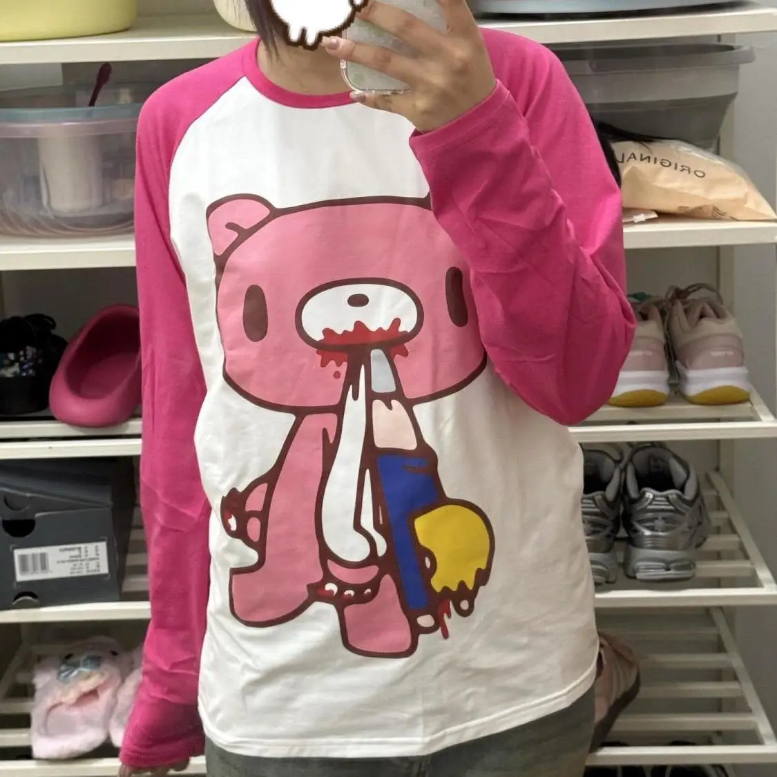 Cute Pink Raglan Sleeve Fun Bear Cartoon Graphic Tees Long Sleeve Oversized Pullover 2000s Y2K E-girls Punk Japan Anime Tops