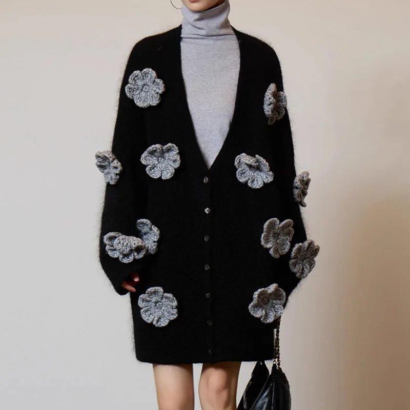 

New Arrival Women Knitted Cotton Cardigan V-Neck Long Sleeve Flower cardigan